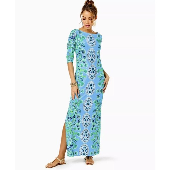 Lilly Pulitzer Seralina UPF 50+ Maxi Dress M Frenchie Mosaic Shells Resort Coast